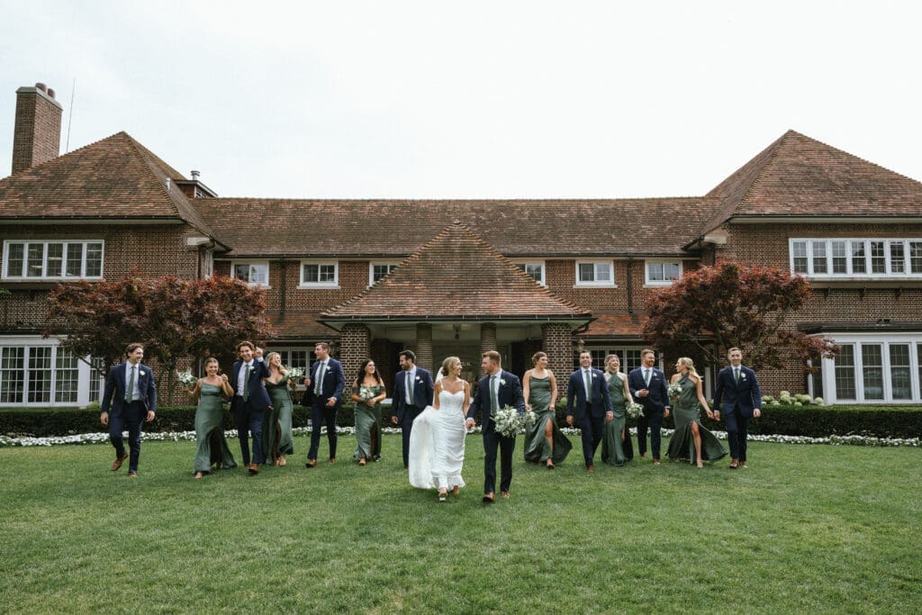 wedding party portraits on the grounds at Detroit Golf Club summer wedding