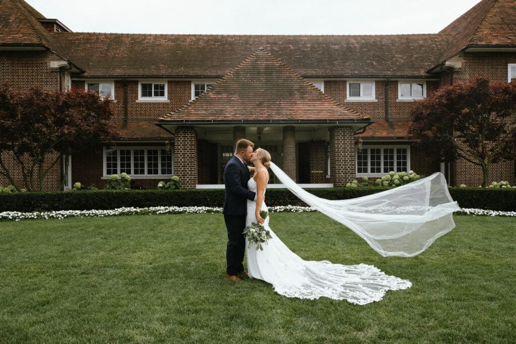 couple during golden hour portraits Detroit Golf Club Michigan wedding